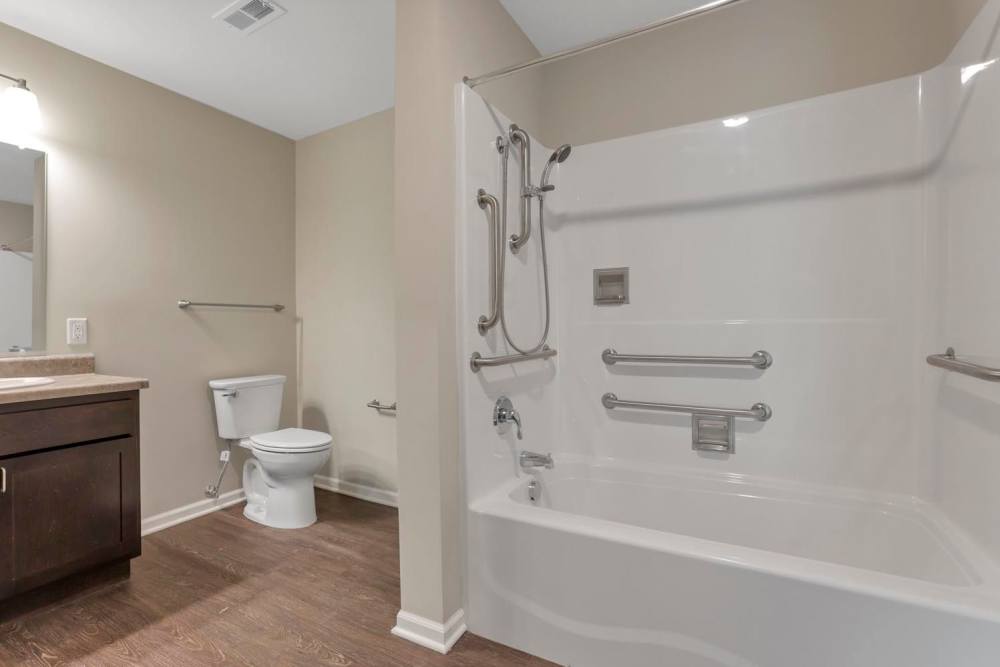 Spacious bathroom with modern fixtures at Wendler Commons in Columbus, Ohio