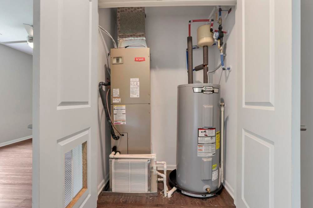 Water heater and HVAC system in utility closet at Wendler Commons in Columbus, Ohio