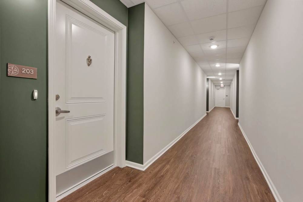 Wood-style flooring in hallway at Wendler Commons in Columbus, Ohio