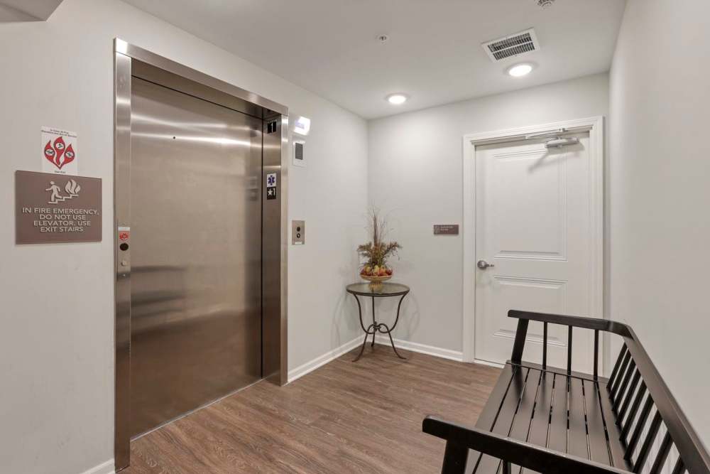 Elevator lobby with seating area at Wendler Commons in Columbus, Ohio