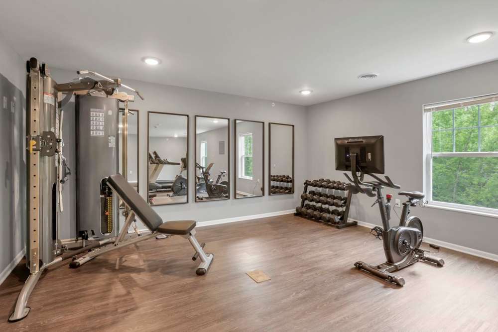 Wood-style flooring in on-site fitness center at Wendler Commons in Columbus, Ohio