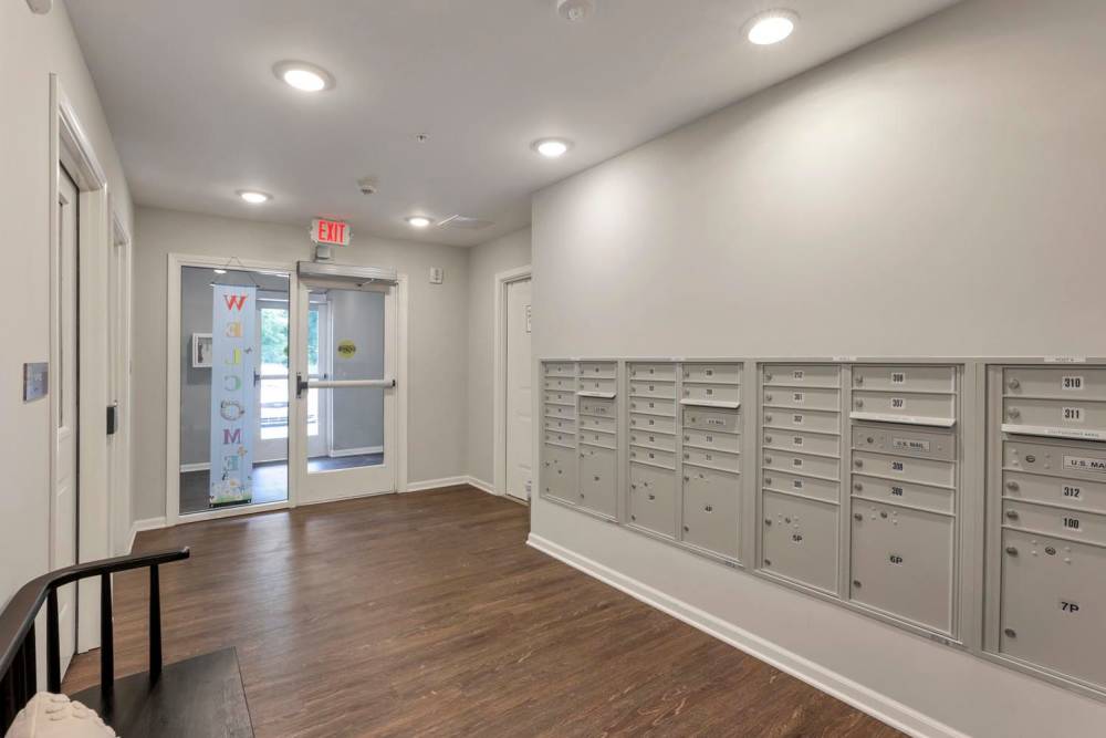 Bright entryway with mailboxes at Wendler Commons in Columbus, Ohio