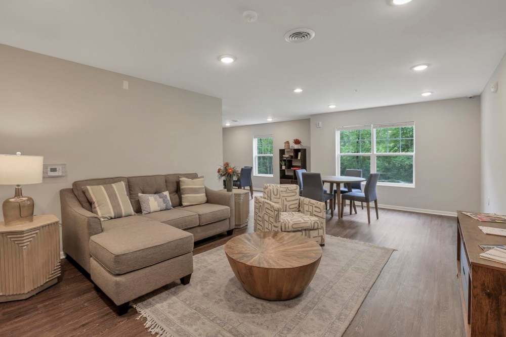Wood-style flooring in open community lounge at Wendler Commons in Columbus, Ohio