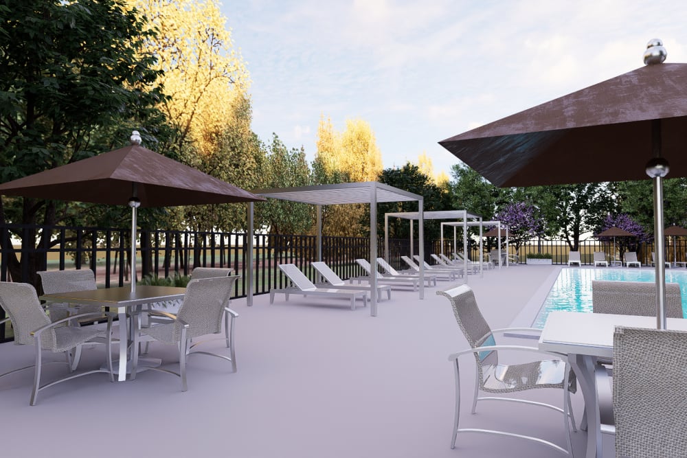 Newly renovated pool seating area at The Woods at Ambler, an Eagle Rock Community in Ambler, PA.
