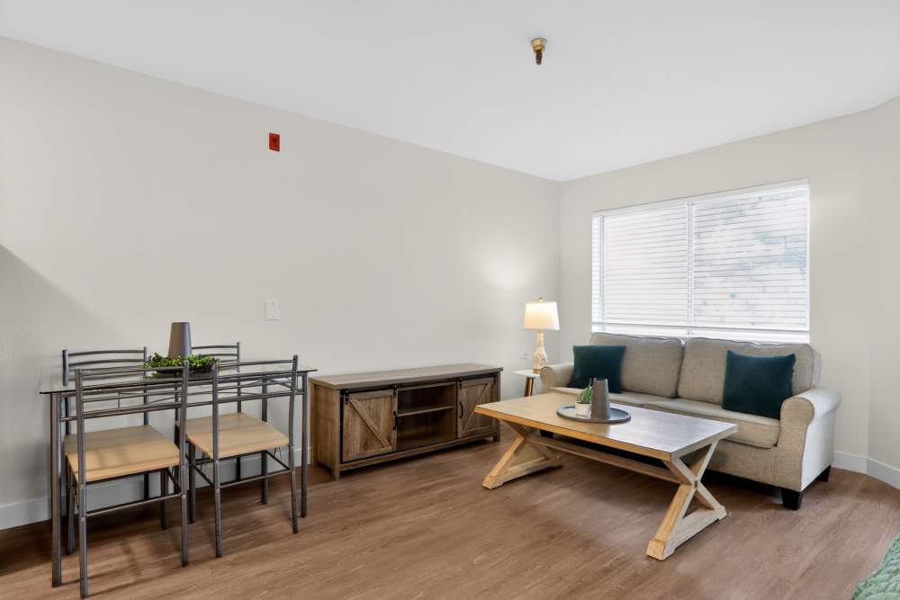 Bright meeting room with rows of gray chairs facing a podium, TV screen, and large windows at Whealdon Estates by Barclay House in Baton Rouge, Louisiana  