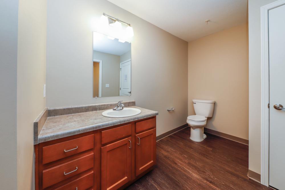 Spacious bathroom with wood-style flooring, modern vanity, and large mirror at Keyser Greene in Keyser, West Virginia