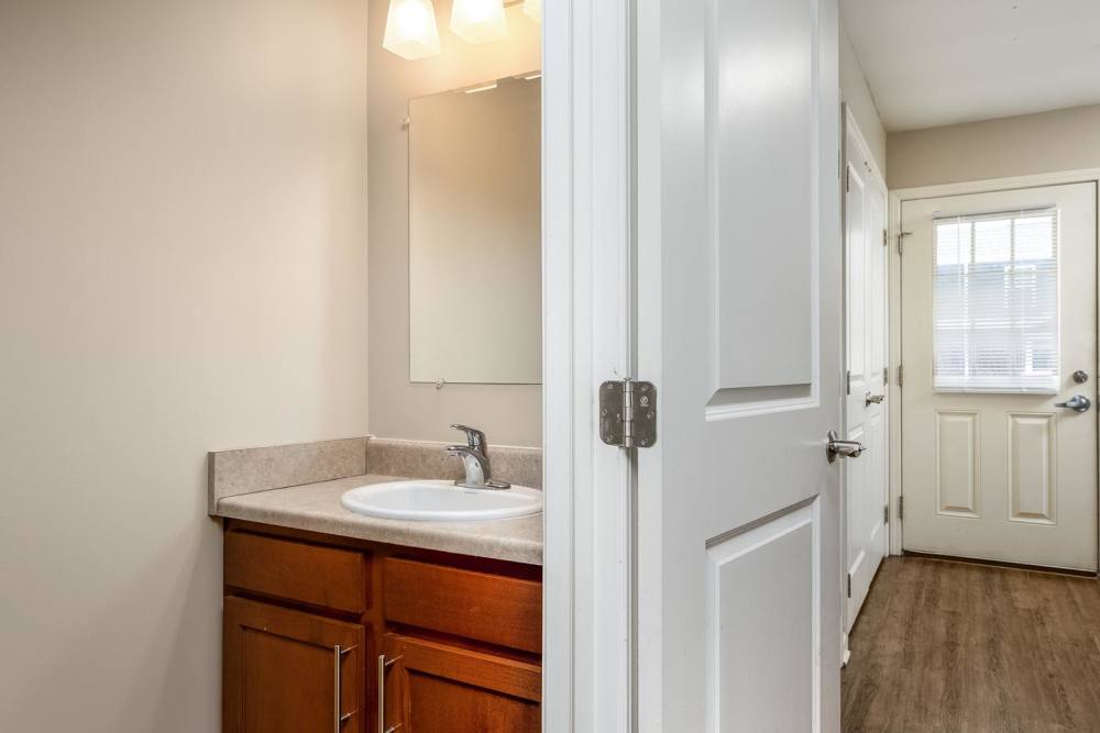 Bright bathroom with wood-style flooring, single sink vanity, and natural light from door window at Labelle Greene III in Wheeling, West Virginia