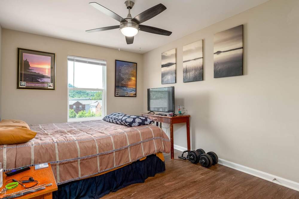 Cozy bedroom with wood-style flooring, large window, and decorative wall art at Labelle Greene IV in Wheeling, West Virginia