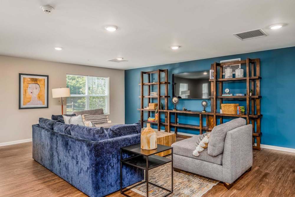 Spacious living area with wood-style flooring, blue accent wall, and modern furniture arrangements at Labelle Greene IV in Wheeling, West Virginia
