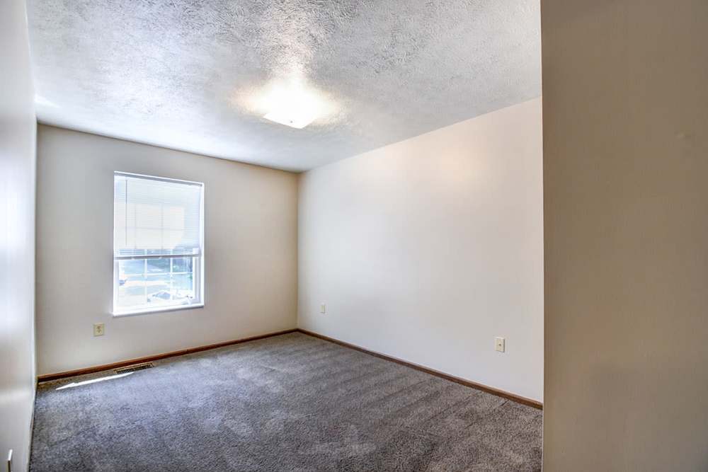 Empty room with light gray carpet, single window, and neutral walls, ready for personalization at Stone Brooke in Weirton, West Virginia