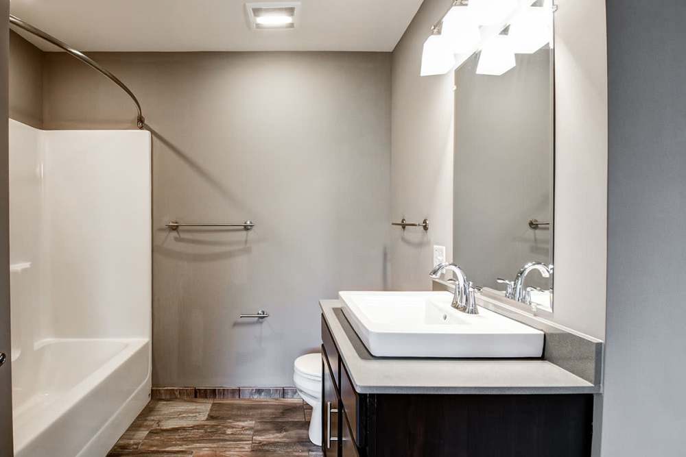 Bright bathroom at Boury Lofts in Wheeling, West Virginia
