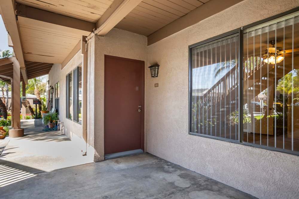Exterior shot of the building at Bay Breeze Apartments in Costa Mesa, California