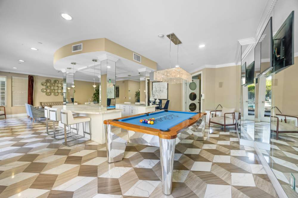 Pool table in the community room at La Belle at Hollywood Tower in Los Angeles, California 