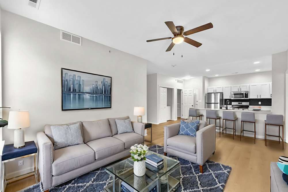 Model apartment living room at Pointe 28 in Ankeny, Iowa