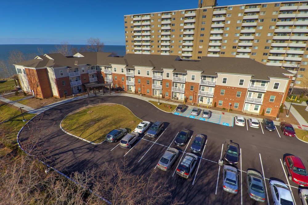 Aerial view of the beautiful community at Willoughbeach Terrace Senior Living in Willowick, Ohio 