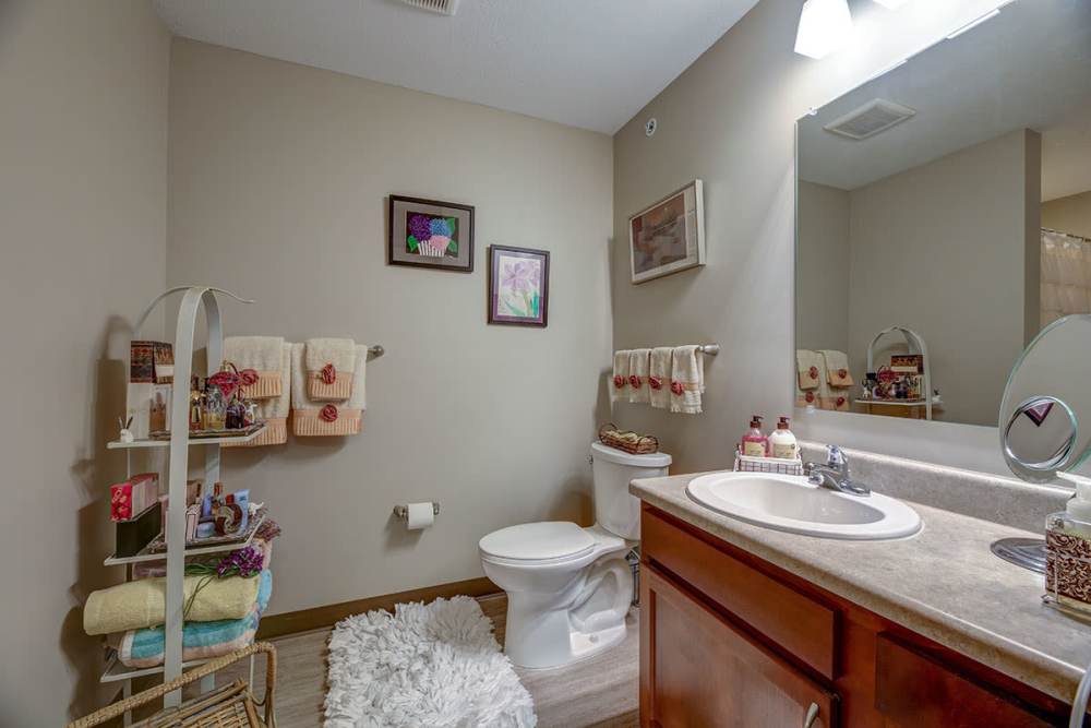 Bathroom with a mirror at Willoughbeach Terrace Senior Living in Willowick, Ohio 