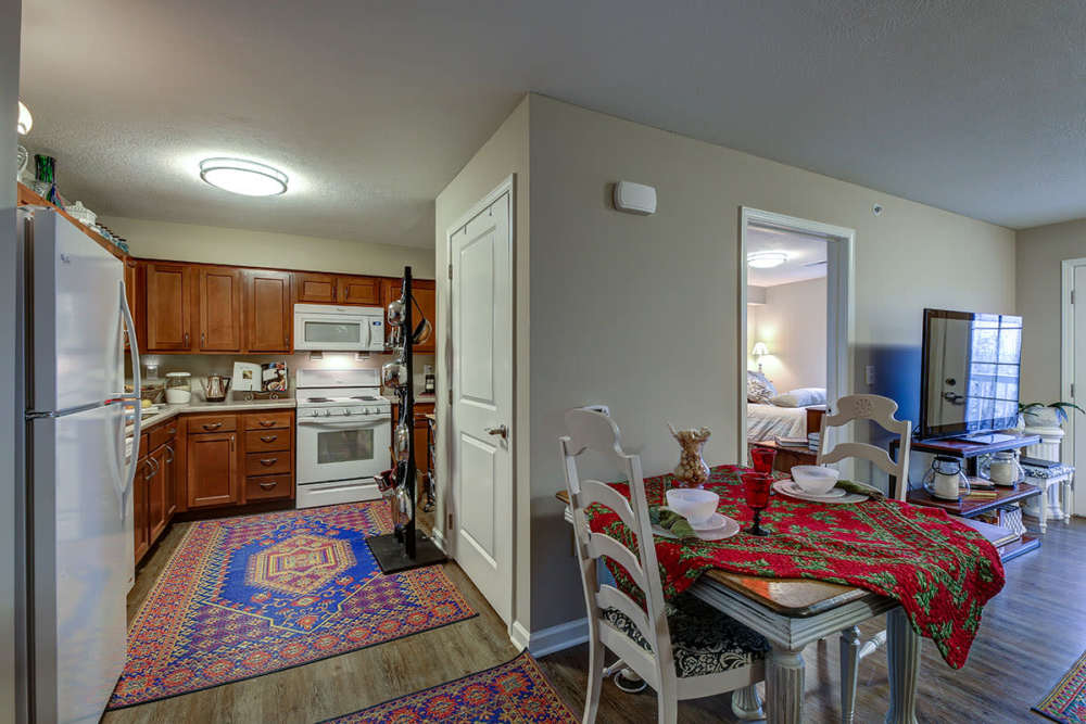 View of the kitchen from the living room at Willoughbeach Terrace Senior Living in Willowick, Ohio 