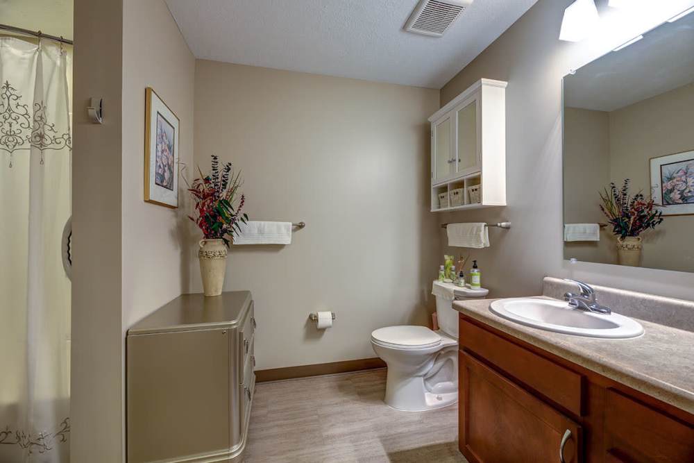 Bathroom with a commode at Willoughbeach Terrace Senior Living in Willowick, Ohio 