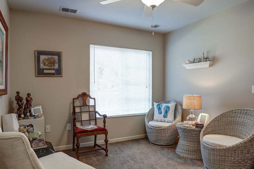 Cozy living room with natural light, comfortable seating, and decorative accents on shelves at Brookside Commons in Traverse City, Michigan