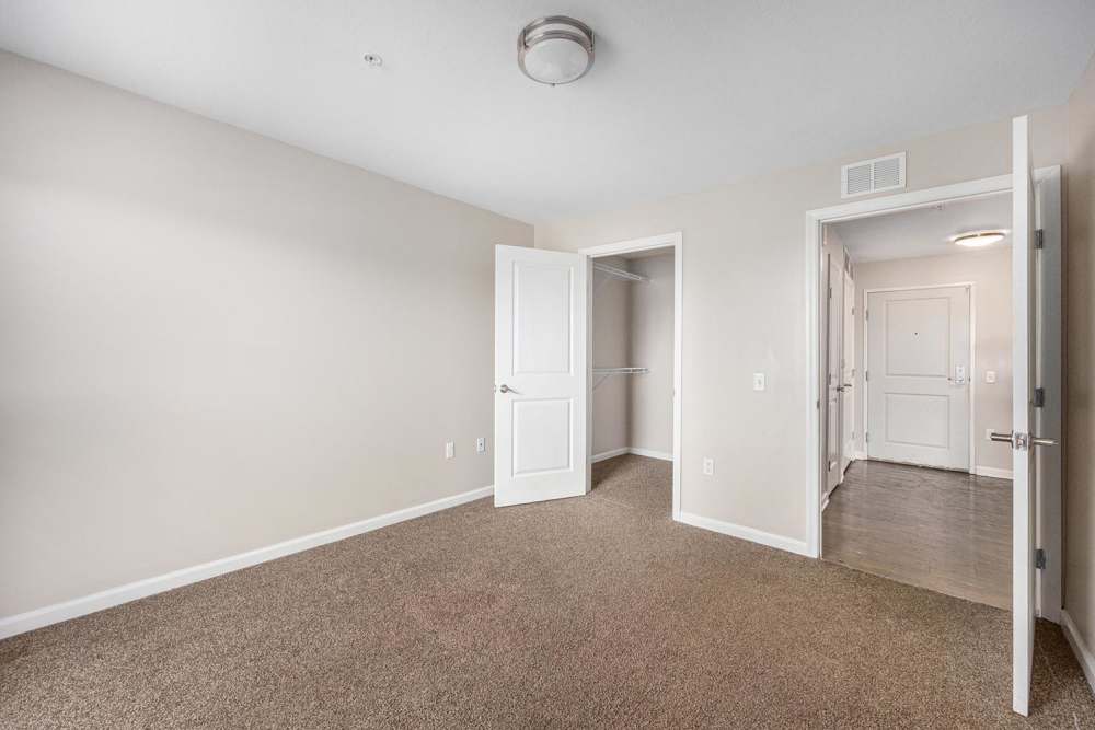 Spacious apartment interior with carpeted flooring and open layout, featuring closet and entry doors at Grand View Place in Grand Rapids, Michigan