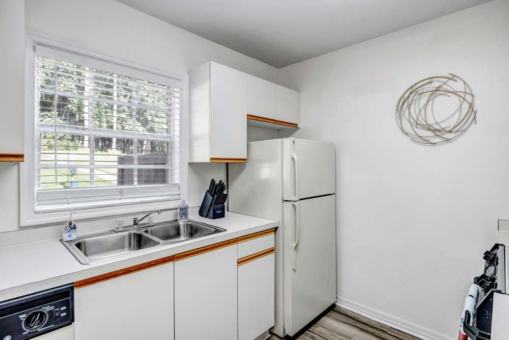 Kitchen with stainless-steel sink, refrigerator, storage spaces and large window at Carlton Arms Of North Lakeland in Lakeland, Florida