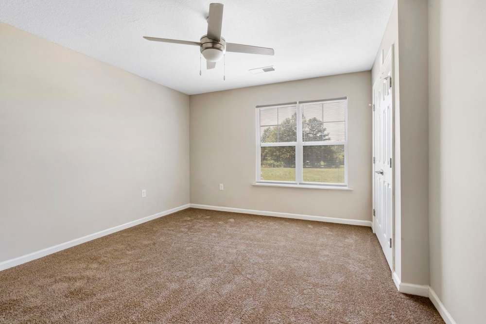 Spacious room with carpet flooring, ceiling fan, and large window for natural light at Ravenwood Crossing in Rocky Mount, North Carolina