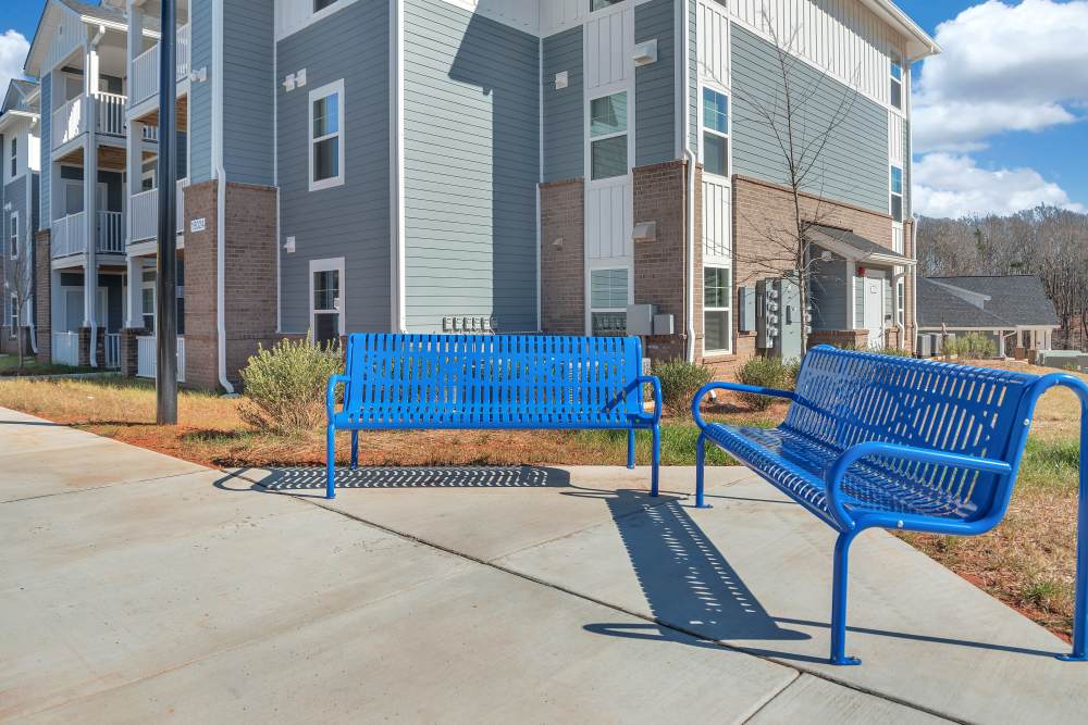 Blue benches in front of an apartment building with landscaped grass at Rivergate Greene in Charlotte, North Carolina
