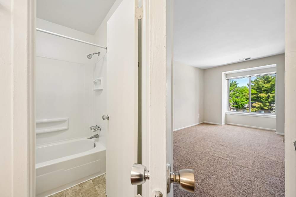 Bedroom with attached bathroom at Columbia Landing in Columbia, Maryland 