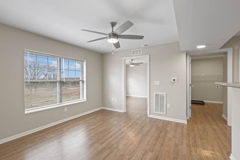 Bedroom with a ceiling fan at Dunbury Greene in Columbus, Ohio 