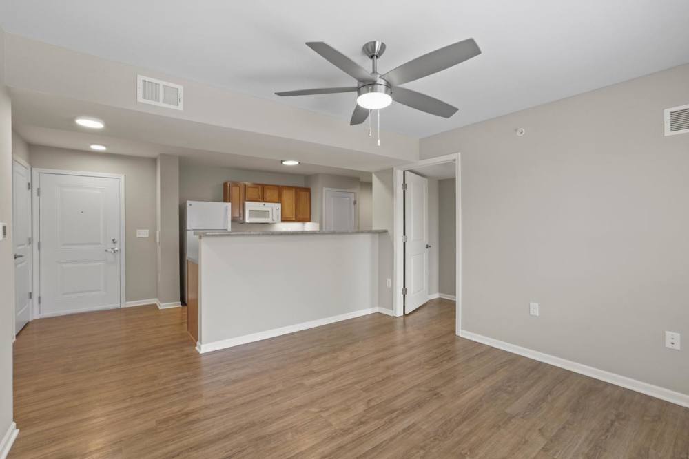 View of the kitchen from the living room at Dunbury Greene in Columbus, Ohio 