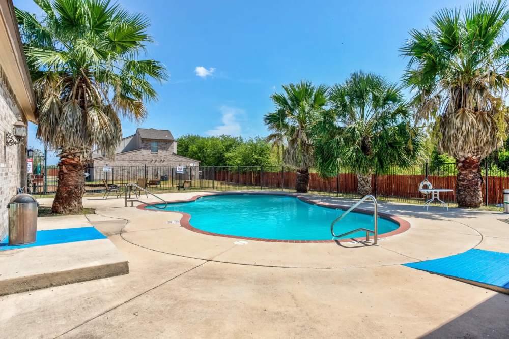 Resort-style pool with palm trees at Tuscany Court Townhomes in Hondo, Texas