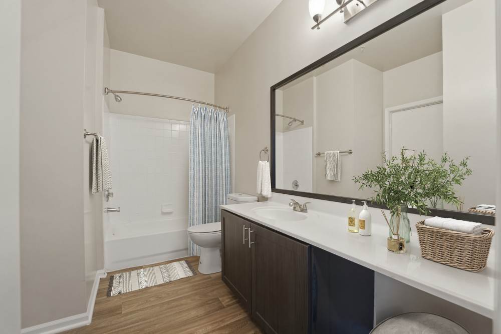Bathroom with a large mirror at Eagle Rock Apartments at Belcamp in Belcamp, Maryland