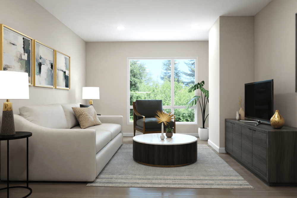 Apartment living room at The Exchange at Spring Hill Station with natural light, modern furnishings, and open layout