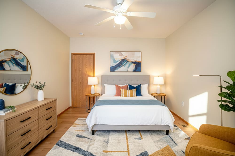 Furnished bedroom at Brentwood Greene in Kokomo, Indiana