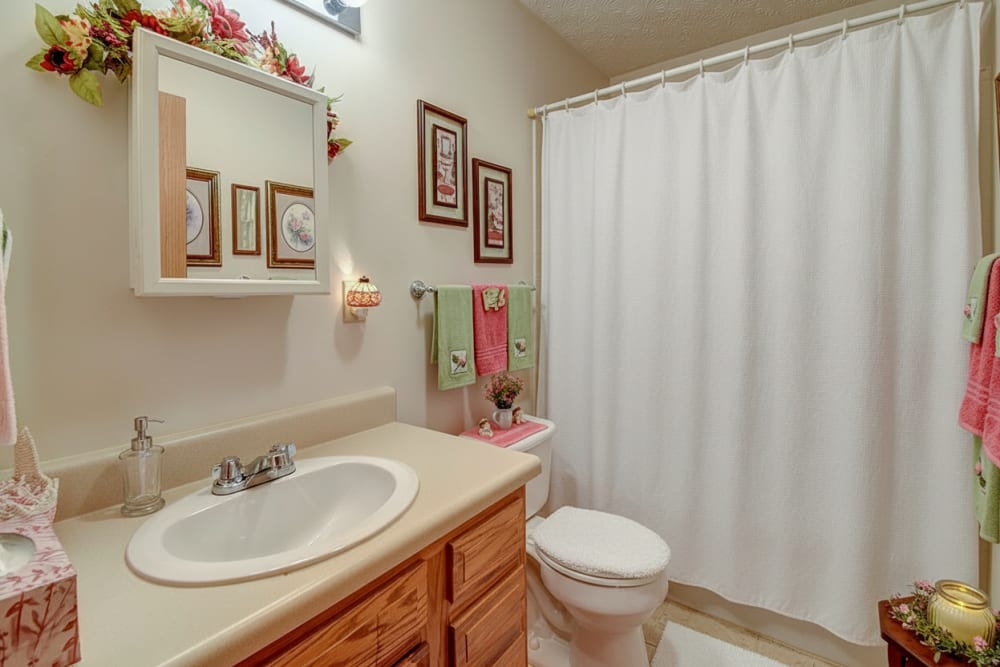 Furnished bathroom at Canterbury Place in Elkins, West Virginia