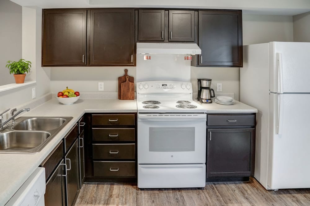 Furnished kitchen at Emerald Gardens in Branchland, West Virginia