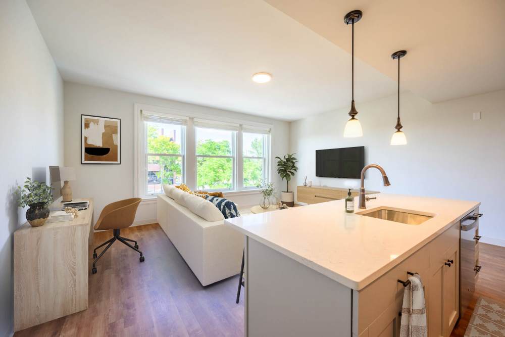 Kitchen with an island at Lincoln Square in Wilmington, Delaware