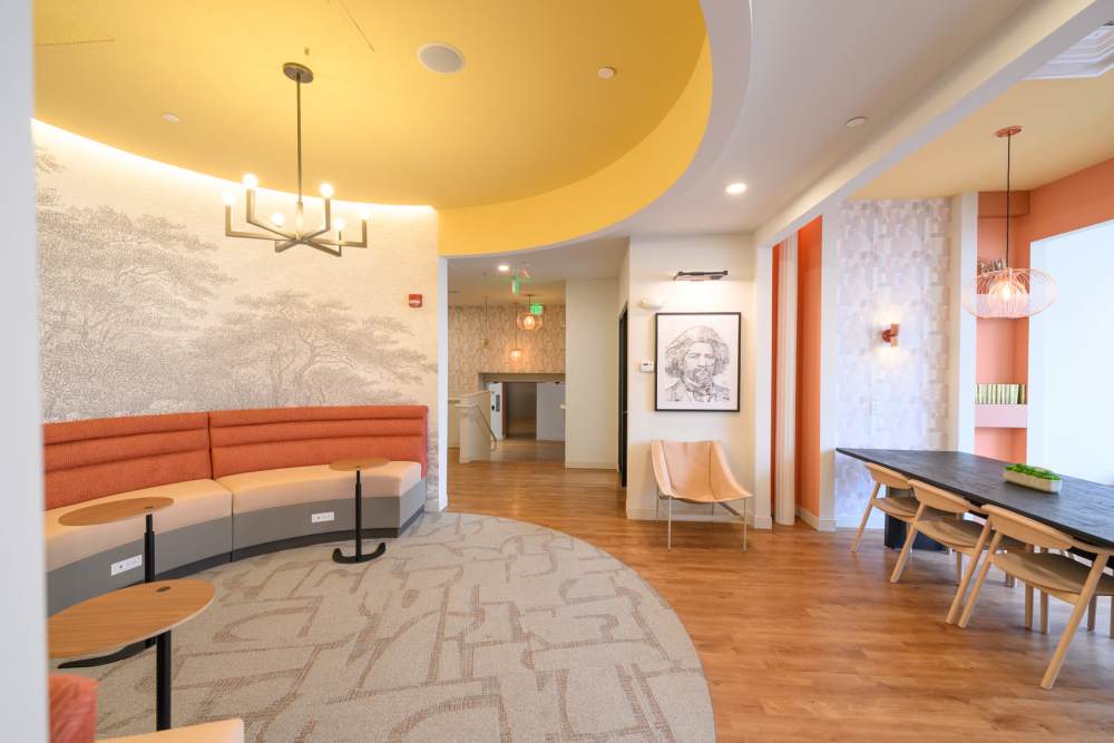 Coworking stations in the lounge at Lincoln Square in Wilmington, Delaware