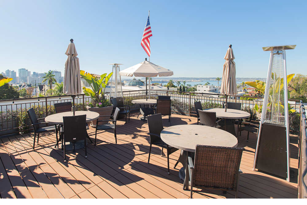Patio seating at Merrill Gardens at Bankers Hill in San Diego, California. 