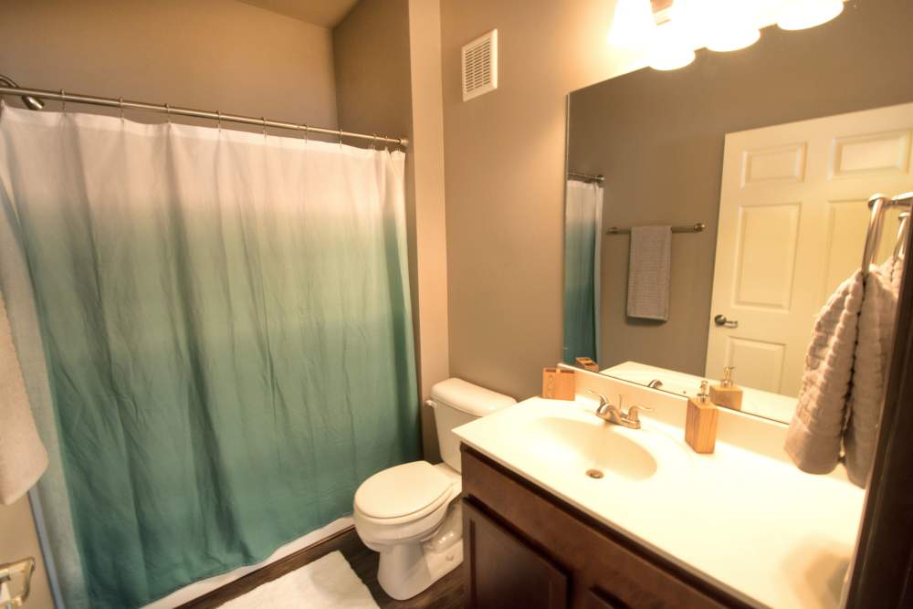 Bathroom with a toilet and a mirror at Walnut Lake in Urbandale, Iowa 
