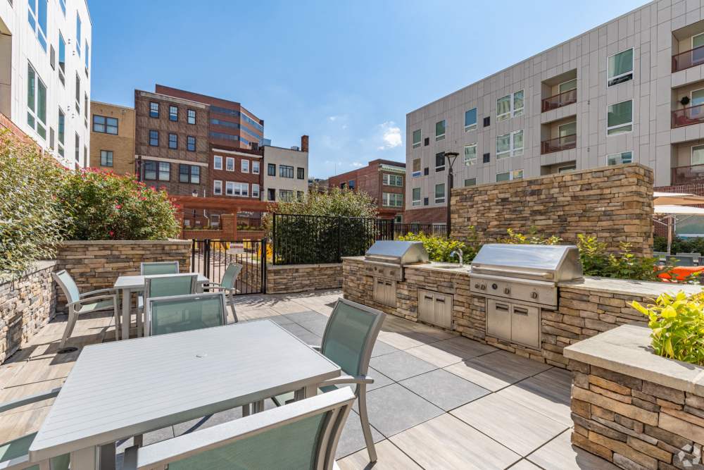 Grills by the pool at Midtown Park in Wilmington, Delaware