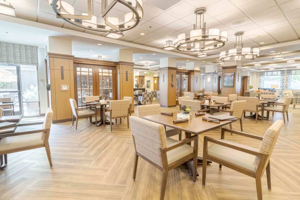 Common dining area at Merrill Gardens at Lafayette in Lafayette, California. 