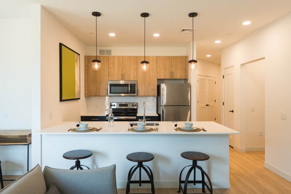 Bar stools at a kitchen island at The Concord in Wilmington, Delaware