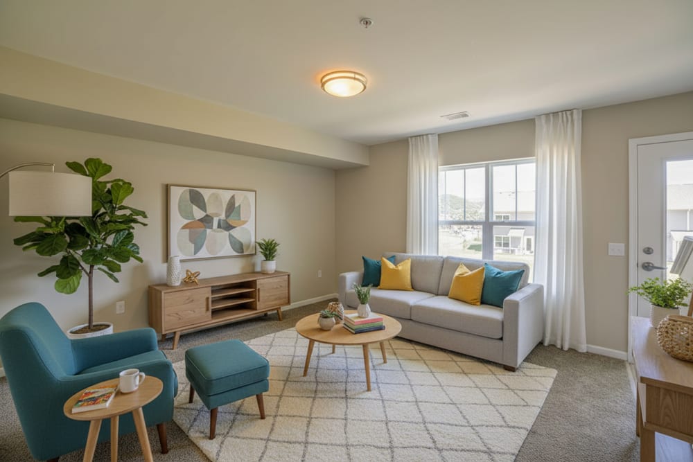 Furnished living room at New Forge Crossing in Waynesboro, Pennsylvania