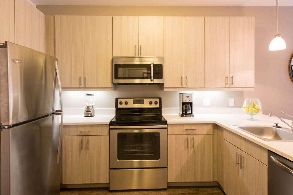 Kitchen with stainless-steel appliances at Harlan Flats in Wilmington, Delaware