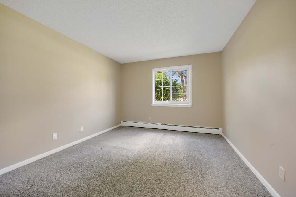 Empty bedroom with beige walls, carpet floors, and single window at Pittsford Village Estates in Pittsford, New York