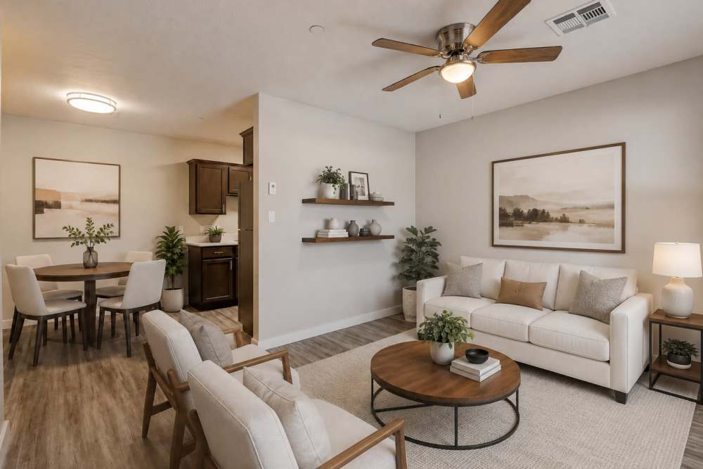 Living room with ceiling fan at Oak Place Apartment Homes in Oklahoma City, Oklahoma