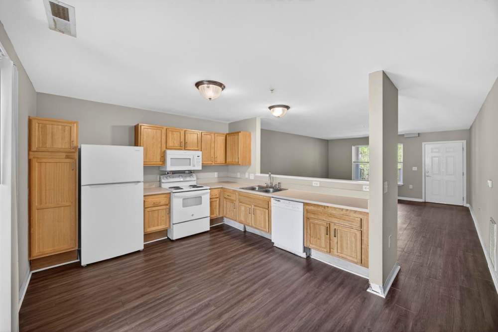 Modern kitchen with wood-style flooring, stainless steel appliances at Pinecrest Greene in Charleston, South Carolina