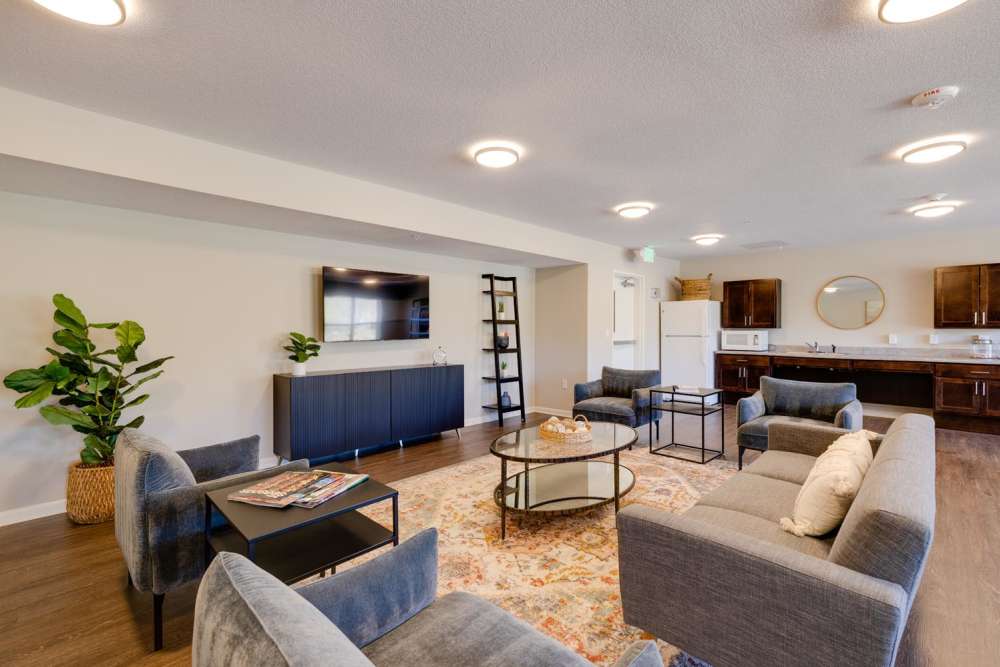 Modern lounge area with comfortable seating, large TV, and kitchen access, featuring wood-style flooring and plants at Johnston Crossing II in Johnston, Iowa
