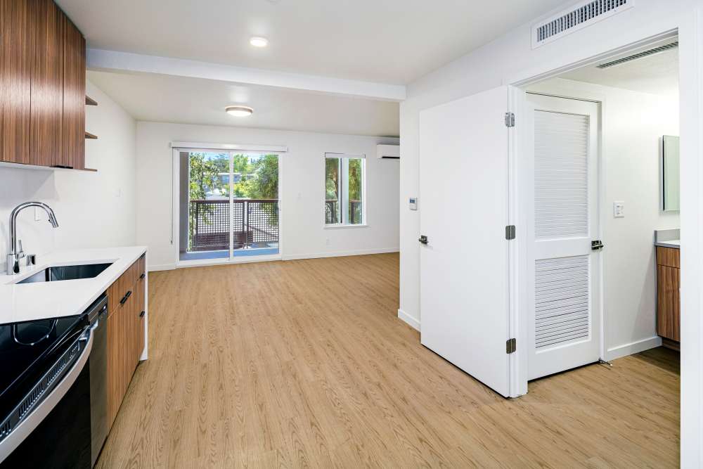 Modern kitchen with wood-style flooring at 707 Leahy in Redwood City, California